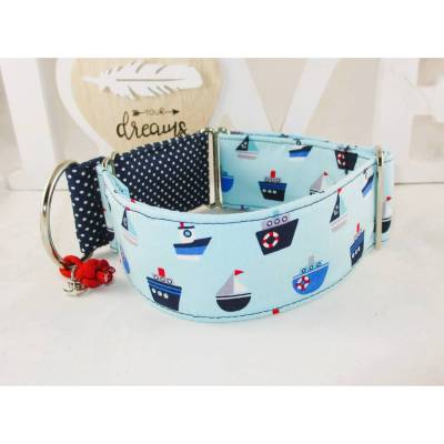 Hundehalsband Sailor hellblau – Breites Windhundhalsband verstellbar Martingale Zugstopp maritim