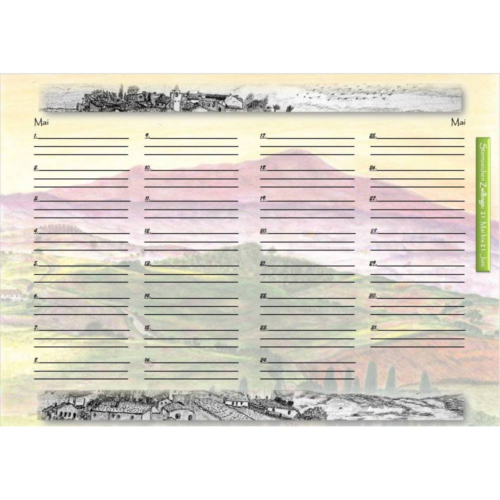 14-seitiger farbiger Geburtstagskalender - mit Sternzeichen,  PDF – DIN A4 zum Ausdrucken Bild 3