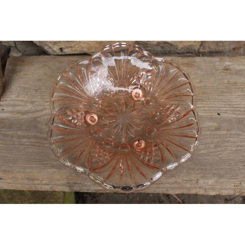 flache Gebäckschale Obstschale Fußschale Rosalinglas rosa Glas Pressglas 30er bis 50er Jahre Art Deco Stil