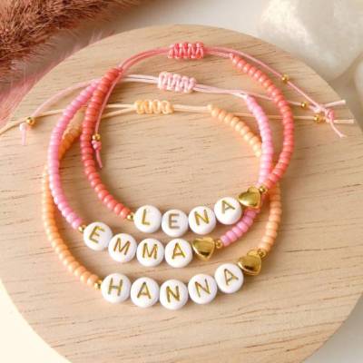 Namensarmband Herz, Freundschaftsarmband, pink, korallenrot, orange, personalisierbar, Miyuki Perlen, Geschenk Freundin