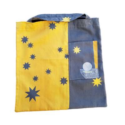 Upcycling Stofftasche gelb-blau mit Ufomotiv – Handgemachte Einkaufstasche 36x36cm Unikat