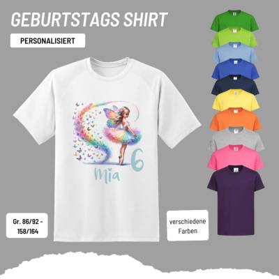 Personalisiertes Shirt GEBURTSTAG Zahl & Name personalisiert ~ Ballerina Fee Bunt Schmetterlinge 