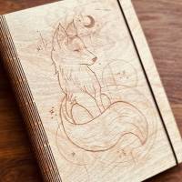 Notizbuch aus Holz, flexibler Buchrücken, Holzbuch, Ringmechanik, DIN A5, Motiv Fuchs