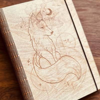 Notizbuch aus Holz, flexibler Buchrücken, Holzbuch, Ringmechanik, DIN A5, Motiv Fuchs 