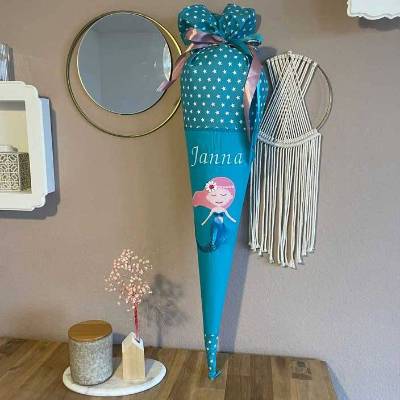 Schultüte Nixe, Zuckertüte türkis mit Namen bestickt, aufwendige Stoff-Schultüte