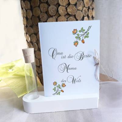 Geschenk Karte Oma ist die Beste Mama der Welt mit Kartenhalter & Vase – Muttertag & Geburtstag