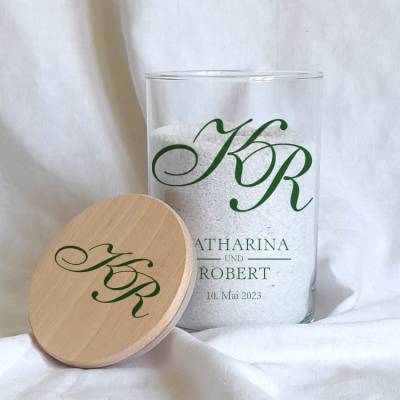 Sandzeremonie Glas mit Holzdeckel Hochzeitsbrauch Windlicht Design Calligraphy