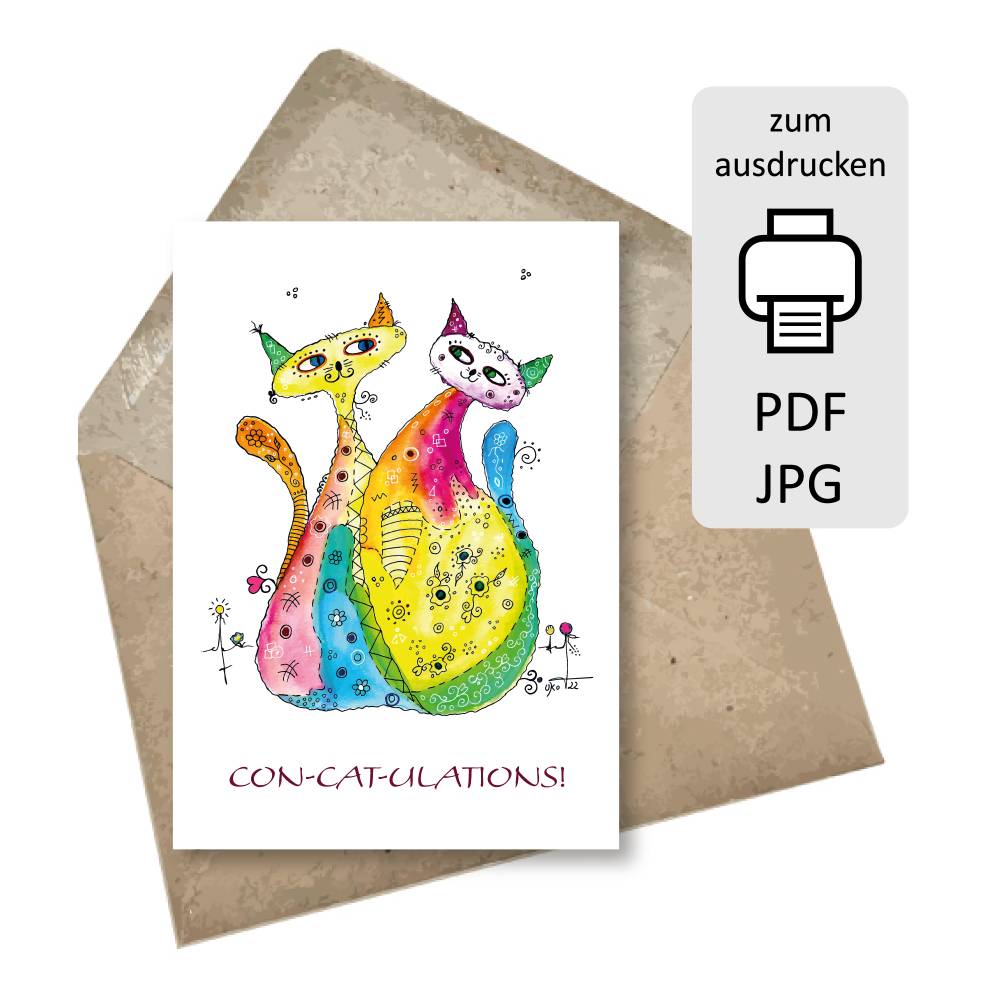 Glückwunschkarte zum Ausdrucken Katzen CON-CAT-ULATIONS! – DIY Postkarte & Klappkarte - PDF/JPG Bild 1