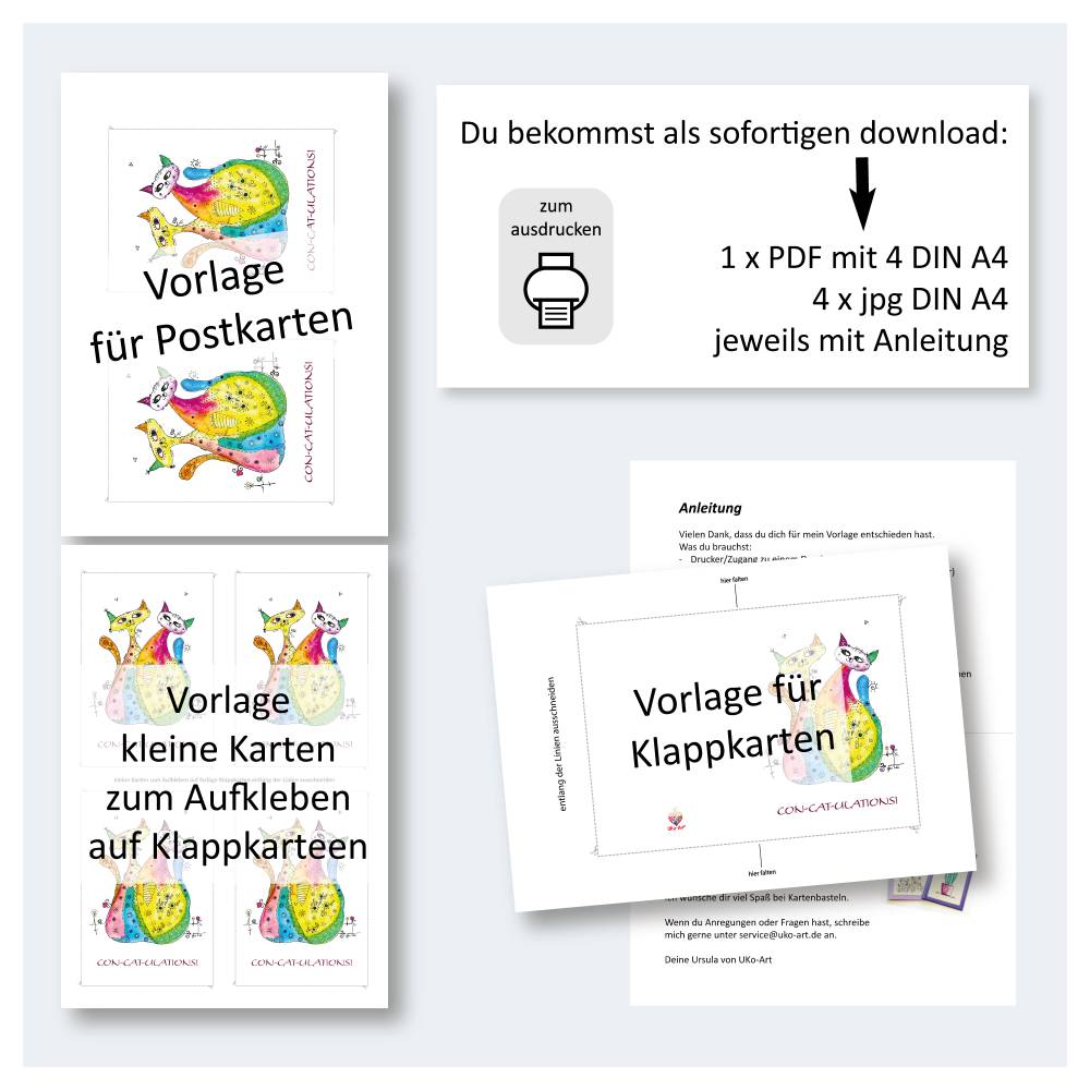 Glückwunschkarte zum Ausdrucken Katzen CON-CAT-ULATIONS! – DIY Postkarte & Klappkarte - PDF/JPG Bild 3