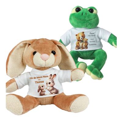 Stofftier mit Name als Geschenk zu Muttertag oder Vatertag Kucheltier mit T-Shirt