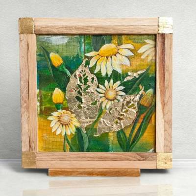Handgemaltes Blumenbild im Mixed Media Stil handgemachter Rahmen Upcycling von Holz und Papier, Wanddeko im Landhausstil