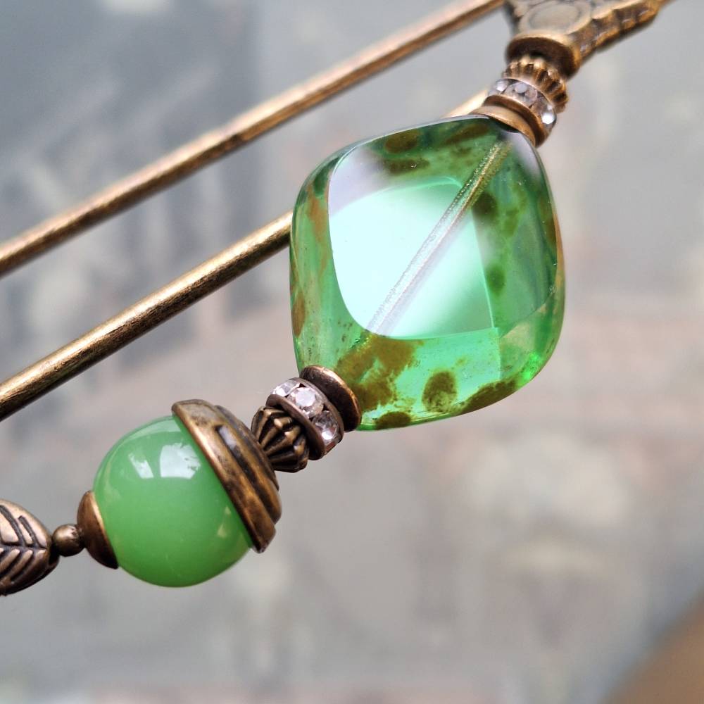 Tuchnadel Grün Liebe, sehr große Bronze Schalnadel böhmischen Glasperlen wie Jade N10-AB-6 Bild 6