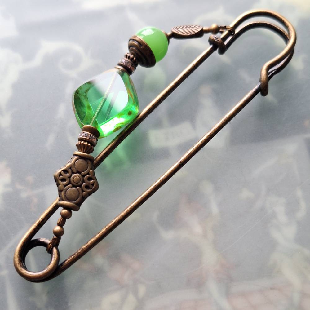 Tuchnadel Grün Liebe, sehr große Bronze Schalnadel böhmischen Glasperlen wie Jade N10-AB-6 Bild 9