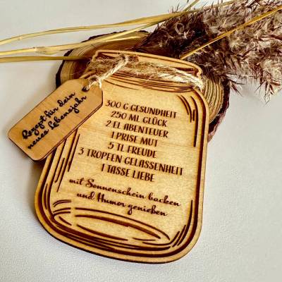 Karte aus Holz, Glückwunschkarte Geburtstag, Rezept für dein neues Lebensjahr, Vorratsglas, Mason Jar