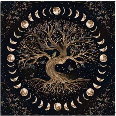 Schwarzes Altartuch 75 × 75 cm mit Lebensbaum und Mondphasen – Tarot- und Orakel-Unterlage