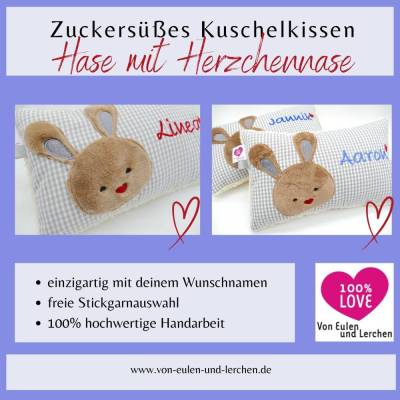 Hasenkissen Kuschelkissen Hase mit Herznase Taufkissen Geburtskissen - Schmusekissen Kissen mit Namen