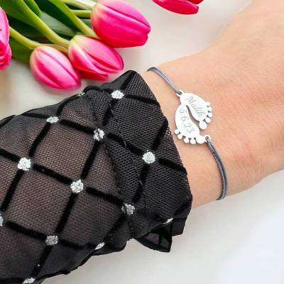 Armband Gravur Edelstahl Füße Silber Geschenkidee Geburt Baby Datum Namensarmband Geburtsarmband Geburtsband Geburtstag