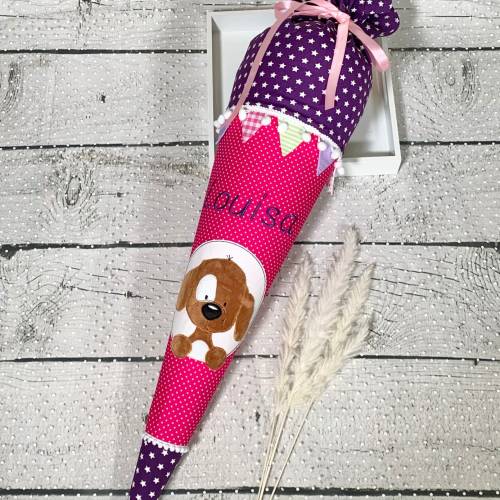 Mädchen Schultüte 70 cm mit flauschigem Hund Fridolin aus Stoff und Wimpelkette