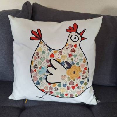 Kissenbezug, Kissenhülle, 40x40cm, hell mit Hühnern, Dekokissen, Wohnzimmerdeko, Landhaus, Geschenk, Huhn 3
