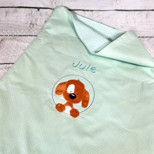 Babydecke Hund Waffelpique Kuscheldecke Babywagendecke Krabbeldecke mit eingesticktem Namen