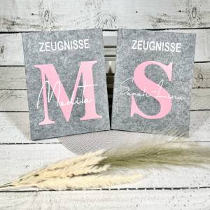 Mädchen Zeugnismappe Organizer Mappe Ordner Zeugnisordner aus Filz mit Initialen, Name personalisiert
