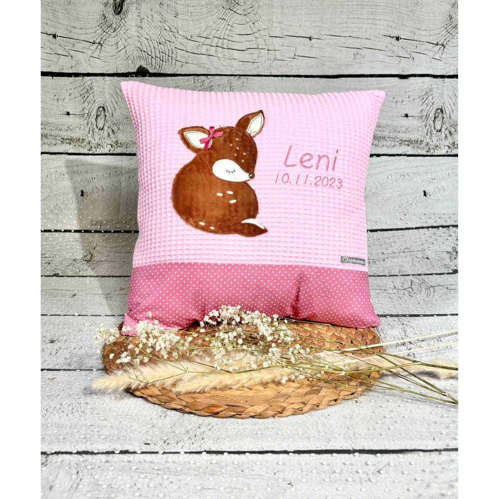 Namenskissen Mädchen Reh rosa Kissenbezug Kinderkissen Kuschelkissen 40 x 40 cm personalisiert