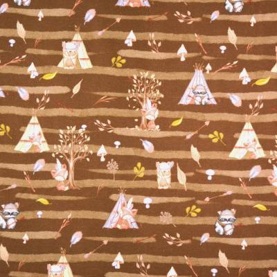 ♕ brauner Jersey mit Fuchs Tipi Indianer Waldtiere 50 cm x 150 cm Nähen Stoff ♕