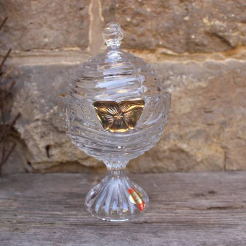 Anna Hütte Deckeldose mit goldenem Blumendekor Schale Fußschale 24 % Bleikristall 60er 70er Jahre DDR