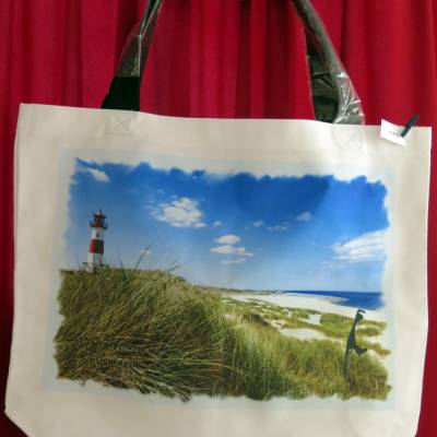 Strandtasche mit schwarzem Henkel und Bodenfalte, Sylt Leuchtturm am Ellenbogen
