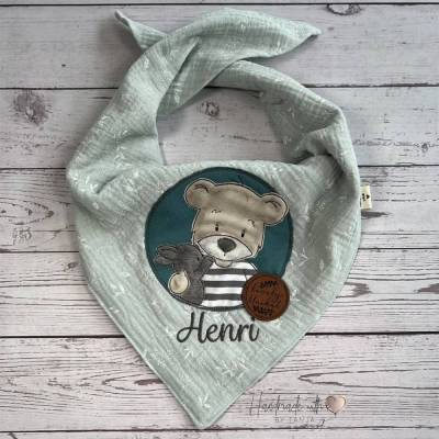 Kinder Musselin Halstuch mit Applikation Bär und Hase, Spucktuch Baby, Musselintuch personalisiert 