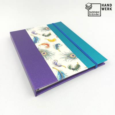 Mappe mit Spiralblock DIN A5, Collegeblock austauschbar, lila türkis metallic perle Federn
