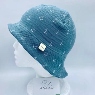 Leichter Sonnenhut aus Musselin – KU 50-54cm (2-4 Jahre) – mit Nackenschutz - handgemacht