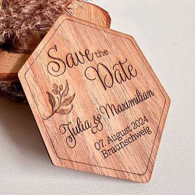 Save the Date Magnet aus Holz, originelle Karte zur Hochzeitseinladung, personalisiert