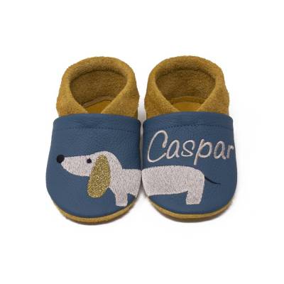 Krabbelschuhe mit Namen Hund Dackel Welpe, Lederpuschen personalisiert, Echtleder, Kindergartenschuhe personalisiert