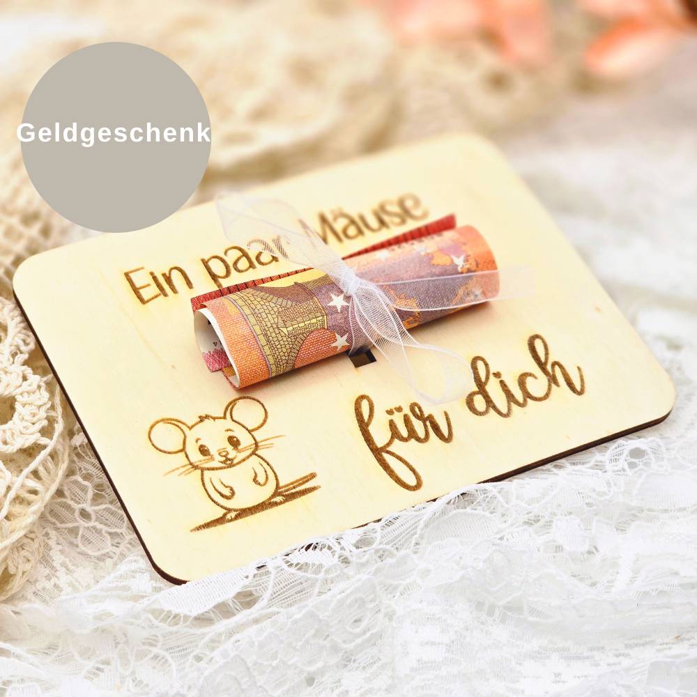 Geschenkidee aus Holz | Karte aus Holz | Holzgrußkarte | Geldgeschenk Geburtstag | Ein paar Mäuse für dich Bild 2