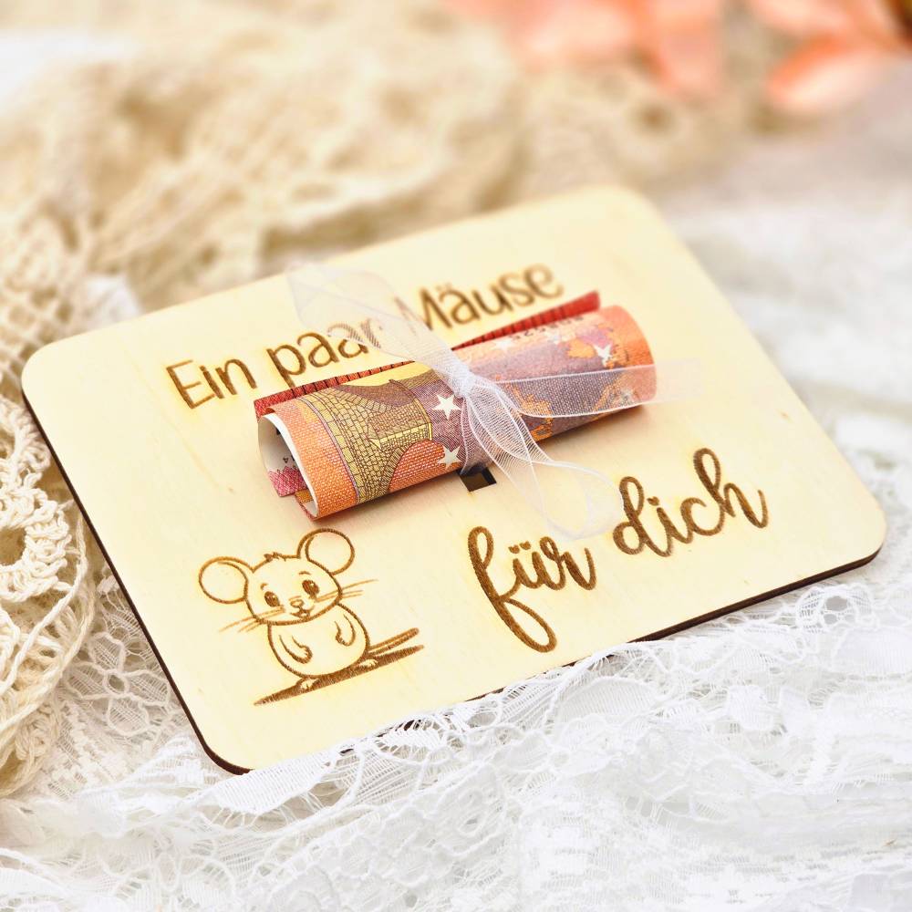 Geschenkidee aus Holz | Karte aus Holz | Holzgrußkarte | Geldgeschenk Geburtstag | Ein paar Mäuse für dich Bild 6