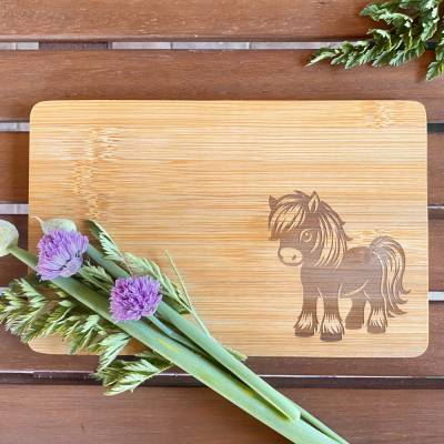 Bambus Frühstücksbrettchen Pony Vesperbrett Holzbrett Gravur Wunschname