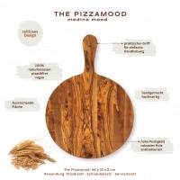 Servierbrett mit Griff The Pizzamood Ø 32 cm Länge 44 cm Pizzateller Pizzabrett Handgemacht aus Olivenholz Hochwertig