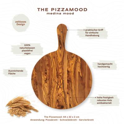 Servierbrett mit Griff The Pizzamood Ø 32 cm Länge 44 cm Pizzateller Pizzabrett Handgemacht aus Olivenholz Hochwertig