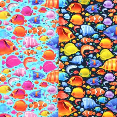 ♕ Jersey mit vielen bunten Fischen hellblau marineblau Meer 50 x 150 cm Nähen ♕