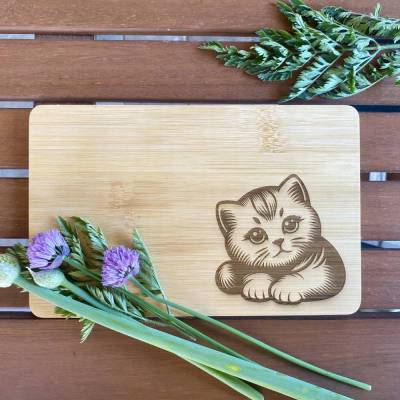 Bambus Frühstücksbrettchen Katze Vesperbrett Holzbrett Gravur Wunschname