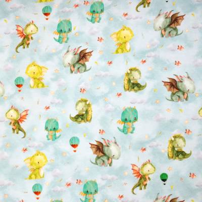 ♕ French Terry lindgrün mit Drachen Dragon  Fesselballon 50 x 150 cm Nähen Stoff ♕
