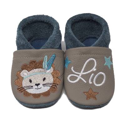 Krabbelschuhe mit Namen, Löwe, Lederpuschen personalisiert, Echtleder, Kindergartenschuhe personalisier