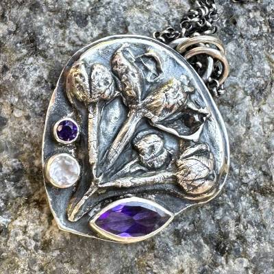 Blumen 925 Sterling Silber Halskette mit Amethyst & Rosenquarz – Handgefertigter Fliederblüten-Anhänger