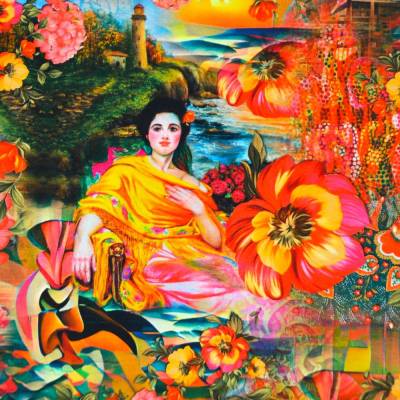 ♕ Jersey Indien Blumen Sari gelb orange rot 50 x 150 cm Nähen Stoff ♕
