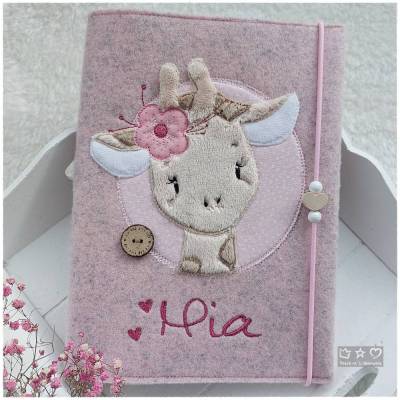U-Hefthülle aus rosafarbenen Wollfilz mit Doodlestickerei Button Giraffe, personalisierbar