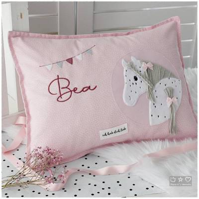 Namens-/Kuschelkissen 30cmx40cm rosa/weiß gepunktet mit Pferd, personalisierbar