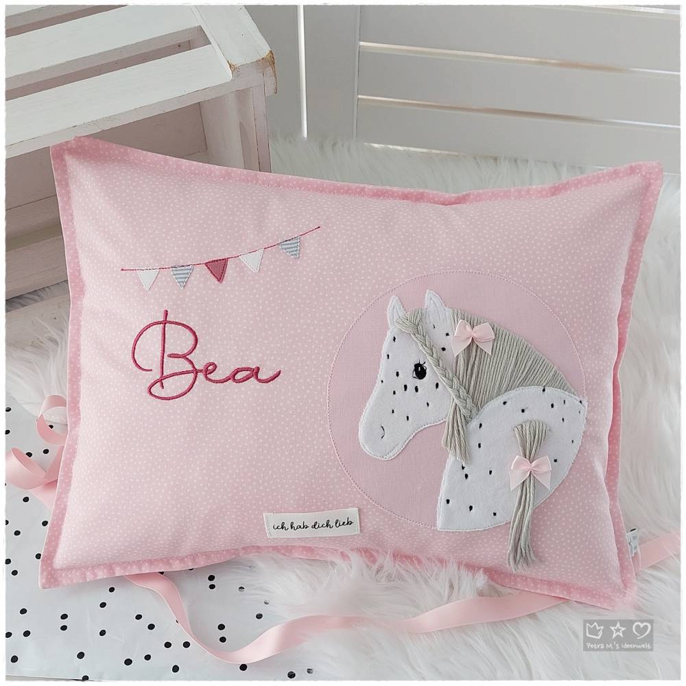 Namens-/Kuschelkissen 30cmx40cm rosa/weiß gepunktet mit Pferd, personalisierbar