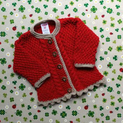 Trachtenjacke Größe 80/86 für Mädchen rot braun Pullover mit Zopfmuster Babyjacke Strickjacke Jacke handgestrickt Taufe