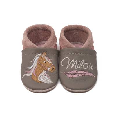 Krabbelschuhe mit Namen, Pferd, Ponny, Lederpuschen personalisiert, Echtleder, Kindergartenschuhe personalisier